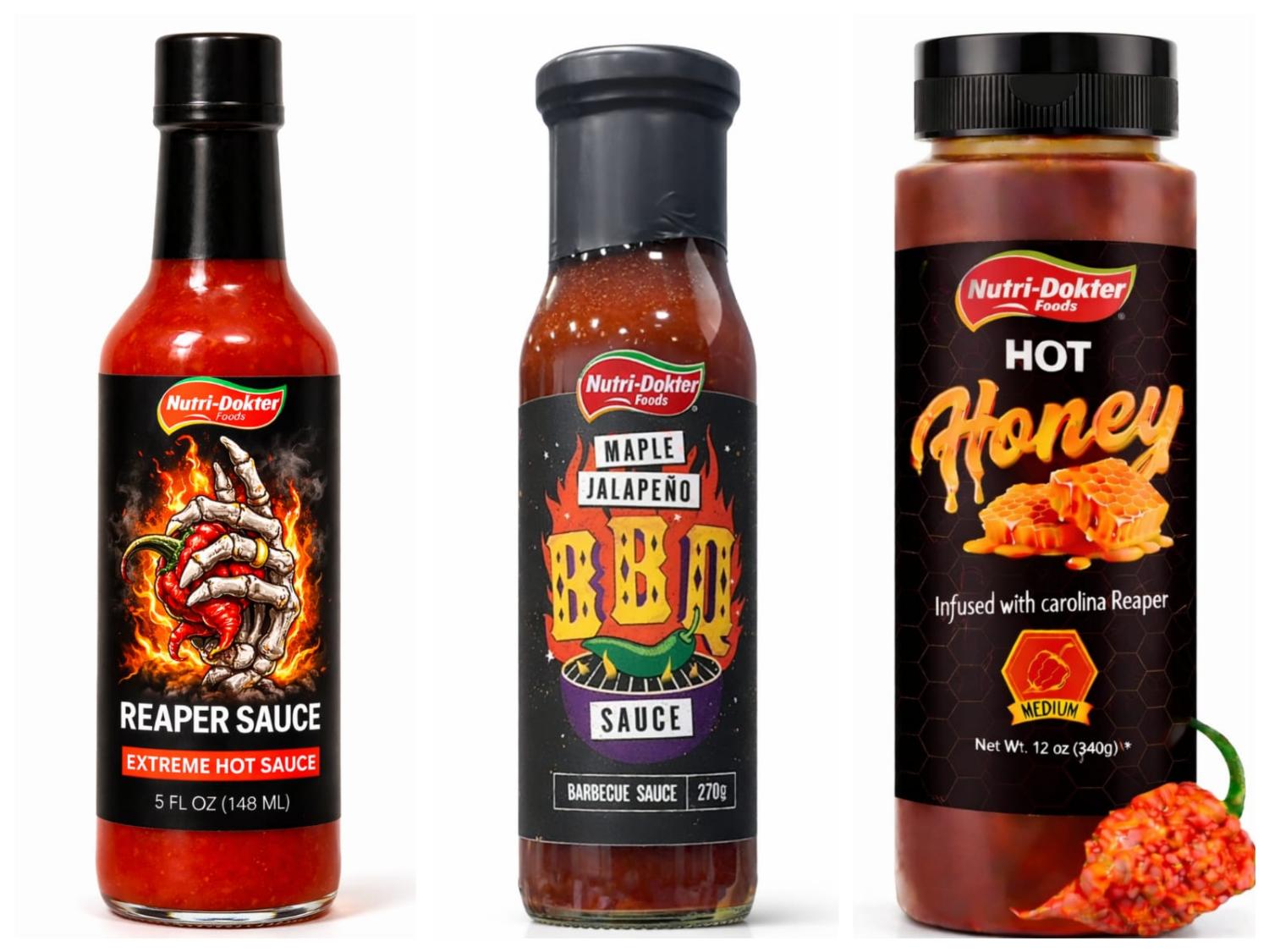 Nutri-Dokter product range – Reaper Sauce, Maple Jalapeño BBQ and Hot Honey