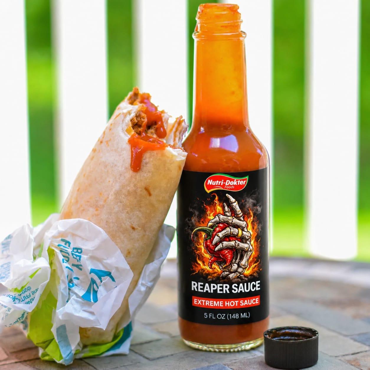 Reaper Sauce poured over a loaded burrito